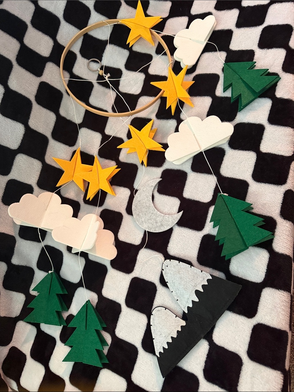 Felt Mobile with Stars, Moon, Clouds, Trees & Mountain Mobile